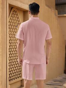 HIMLAND Men's Front Button Pocket Short Sleeve Shirt Set - Pink - View 4