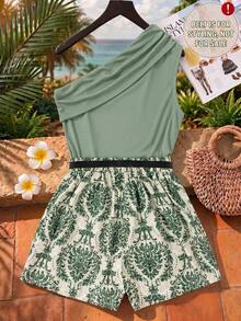 Teenager Set Asymmetrical Shoulder Top Paired With Vintage Baroque Print Shorts, 1 Random Set, Loose, Vacation, Back To School - Green - View 2