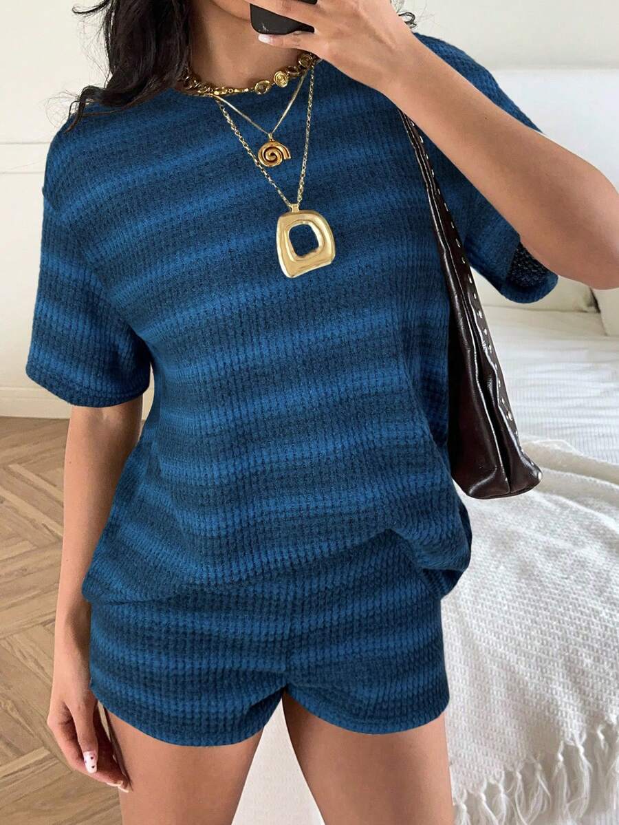 SHEIN EZwear 条纹针织休闲女装套装 - 藏蓝色 - 查看 1