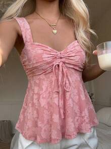 SHEIN EZwear 女士系带褶皱休闲百搭日常上衣 - 藕粉色 - 查看 6