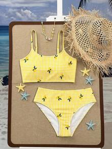 SHEIN Bộ bikini in hoa cho bé gái tuổi teen, 2 món đồ bơi, phong cách ngọt ngào và thời trang phù hợp cho mọi dịp, bộ bikini cho bé gái tuổi teen mùa xuân/hè - Màu vàng - Xem 3