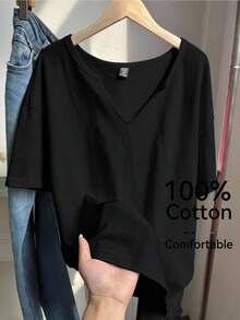 Comfortcana Plus Size Spring/Summer Snowflake Acetate Distressed Black Loose Short Sleeve Small V-Neck T-Shirt Cotton Fabric Wedding Western - Black - View 8