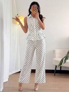 Rafferiza Conjunto de 2 piezas de top sin mangas con estampado azul y blanco + pantalones rectos de pierna ancha para mujer - Blanco - Ver 4