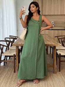 Weeklong Vestido Longo A-Line Casual de Primavera/Verão para Férias com Decote Assimétrico Sem Mangas Plus Size Feminino - Verde - Visão 6