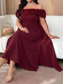 Modelyn Plus Size Women Off Shoulder Floral Decor Elegant Formal Elegant Waist Cinched Party Formal Dinner Formal Formal Evening Wedding Dress Burgundy Summer - Burgundy - View 4