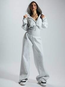 MUSERA Bộ jumpsuit có mũ kéo khóa, eo bo thắt, dáng thoải mái, phong cách thường ngày/loungewear, cơ bản cho tủ đồ capsule, mặc hàng ngày, mùa đông, sân bay, màu xám, kéo khóa, xuân hè - Màu Xám nhạt - Xem 1