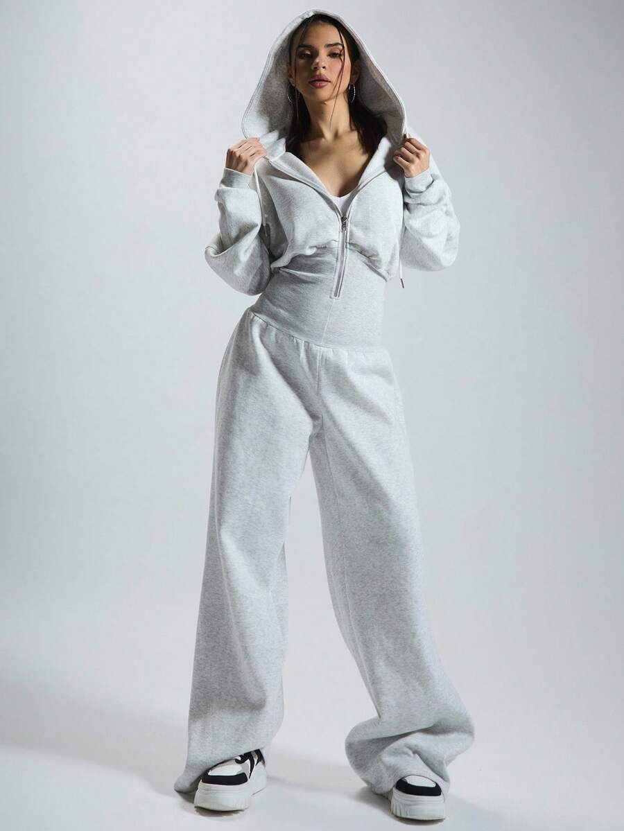 MUSERA Bộ jumpsuit có mũ kéo khóa, eo bo thắt, dáng thoải mái, phong cách thường ngày/loungewear, cơ bản cho tủ đồ capsule, mặc hàng ngày, mùa đông, sân bay, màu xám, kéo khóa, xuân hè - Màu Xám nhạt - Xem 1