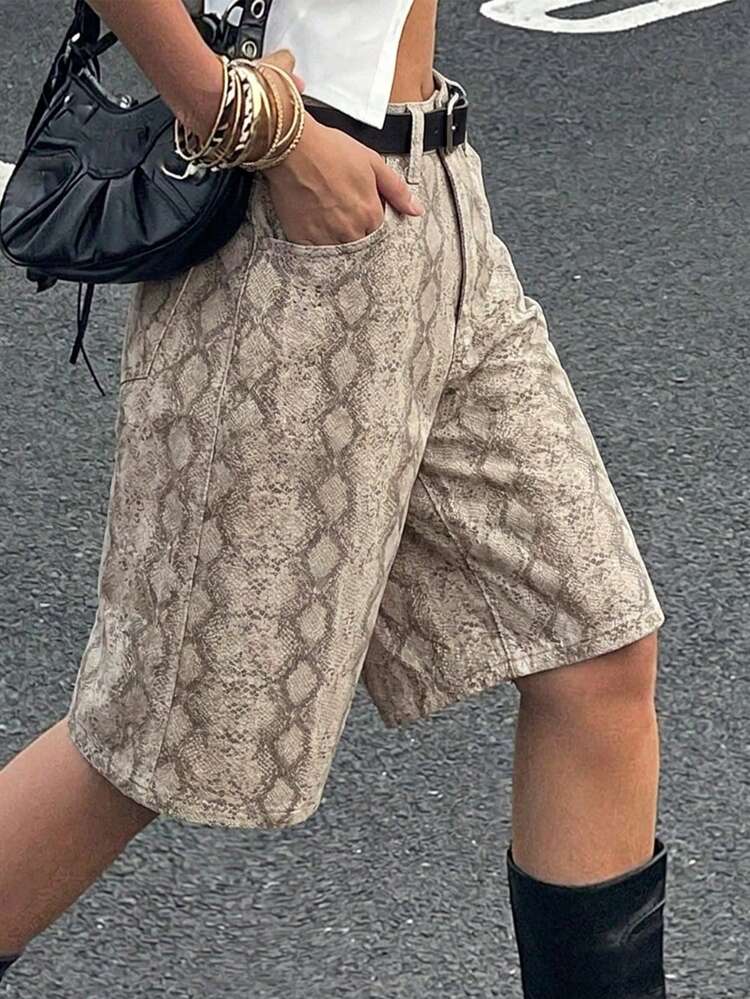 Summer Loose Straight Leg Snake PrintBermuda Shorts Street Casual Daily Wear Women's Denim Shorts