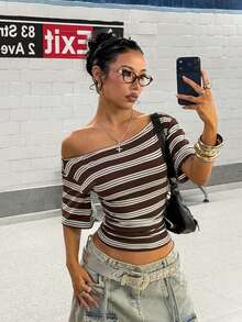 StreetHx Fashion Women's Multicolor Asymmetric Shoulder Striped Casual T-Shirt - Multicolor - View 5