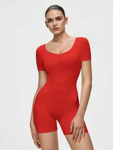SHAPORA Women's Solid Color Versatile Short Sleeve Jumpsuit, Minimalist - Red - View 5