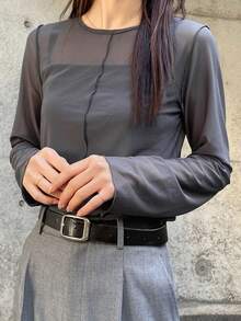 FRIFUL Women's Gray Round Neck Sheer Form-Fitting Layering Top Long Sleeve Women Tops - Dark Grey - View 6