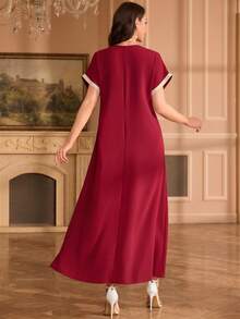 Al Najma Embroidered Collar Flower Shoulder Sleeve Small Stand Collar Elegant Dress - Red - View 2