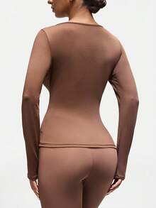 SHAPORA 女士性感圆领弹力休闲棕色上衣，家居服 - 咖啡棕 - 查看 2