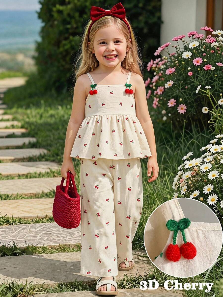 Emery Rose Kids Emery Rose Kids 少女編織素色條紋3D花卉休閒吊帶上衣與長褲2件套 - 杏色 - 查看 1