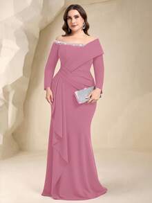 Coutiva Plus Size Rhinestone Decor Off-Shoulder Formal Evening Gown,Elegant Curve Dusty Pink Winter Evening Dresses,Heavily Embellished Women Reception Dress - Pink - View 2