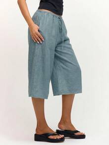 MUSERA Linen Feel Tie Front Cropped Pants Spring Summer Vacation Beach Casual Cute Everyday Boho Airport Holiday Teal Blue Lake Blue Aqua - Teal Blue - View 3