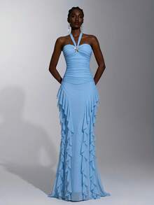 Elitara Elegant, Simple, Minimalist, And Stylish, Light Blue Stretch Mesh Fabric With Handcrafted Metal Embellishments, Ruffled Hem, Halter Neck, Pleats, Sexy Open Back, And A Small A-Line Train. Suitable For All Weddings, Formal Occasions, Dates, Parties, Birthday Parties, And Bridesmaid Dresses. - Baby Blue - View 2
