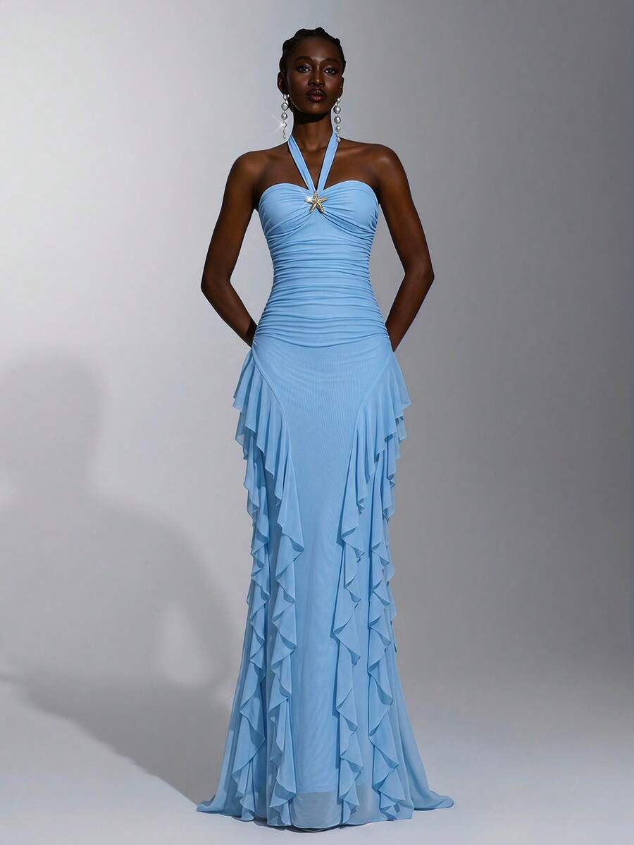 Elitara Elegant, Simple, Minimalist, And Stylish, Light Blue Stretch Mesh Fabric With Handcrafted Metal Embellishments, Ruffled Hem, Halter Neck, Pleats, Sexy Open Back, And A Small A-Line Train. Suitable For All Weddings, Formal Occasions, Dates, Parties, Birthday Parties, And Bridesmaid Dresses.