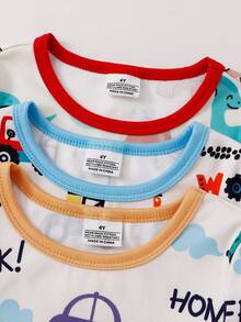 SHEIN GraphicGems 6pcs/Set Boy's And Young BoyCute Cool Dinosaur Car & Construction Vehicle Print Short Sleeve Shorts Knit Comfortable Soft Snug Fit Pajamas Loungewear Set - Multicolor - View 6