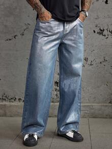 DAZY Long Flared Distressed Design Straight Leg Jeans For Men, Streetwear Style - Blue - View 1