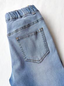 SHEIN Tween Mädchen Jeans Skinny, weich, Baumwolle, lässig, stilvoll, vielseitig, bequem für den Alltag und einfach. Merkmale sind ein geschlitzter Saum und ein besticktes Schleifenmuster. Die schmale Passform und der Stretch-Denim mit weißem Spray-Wash sind geeignet für Lässig, Urlaub und den Alltag. - Helle Waschung - Übersicht 6