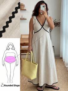 Enliva Vestido midi plus size feminino sem mangas com blocos de cores, elegante e casual para férias de verão, ideal para corpos tipo maçã e arredondados. - Damasco - Ver 1