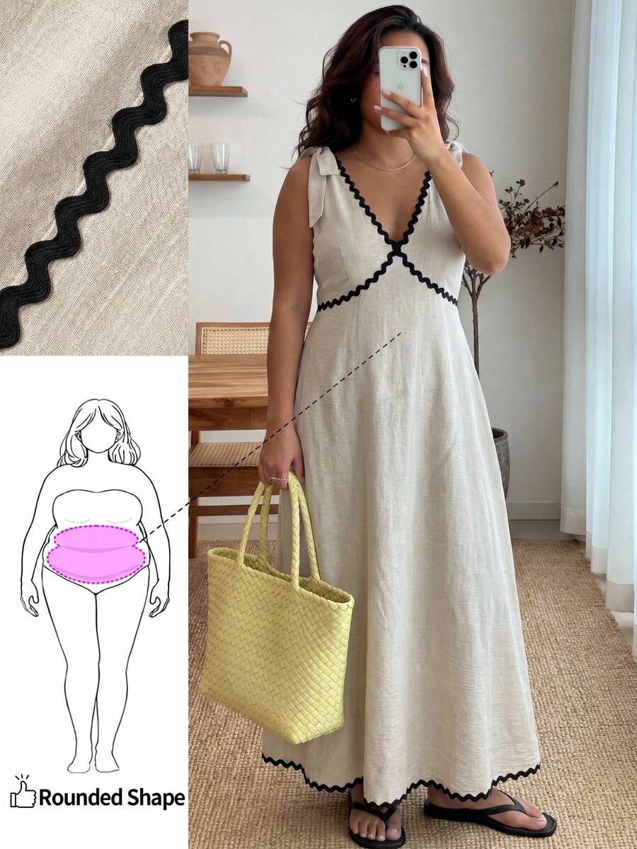 Enliva Vestido midi plus size feminino sem mangas com blocos de cores, elegante e casual para férias de verão, ideal para corpos tipo maçã e arredondados. - Damasco - Ver 1
