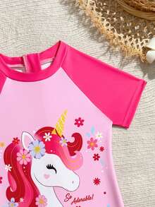Young Girls One-Piece Swimsuit, Pink Short Sleeve One-Piece Swimsuit With Unicorn And Floral Digital Print - Pink - View 5