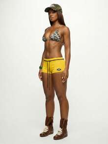 SUMWON WOMEN Jamaica Flag Print Drawstring Booty Summer Festival Shorts With Caribbean Island Theme - Yellow - View 3