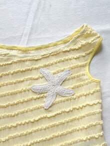 SHEIN Tween Girl Casual Vacation Cream Dopamine Color Asymmetric Textured Striped Starfish Decor Cropped Off-Shoulder T-Shirt & Shorts 2-Piece Set, Spring/Summer Outfit, Beachwear, Commute, Elegant, Beach, Bohemian, Hawaiian, Music Festival, Date - Yellow - View 5