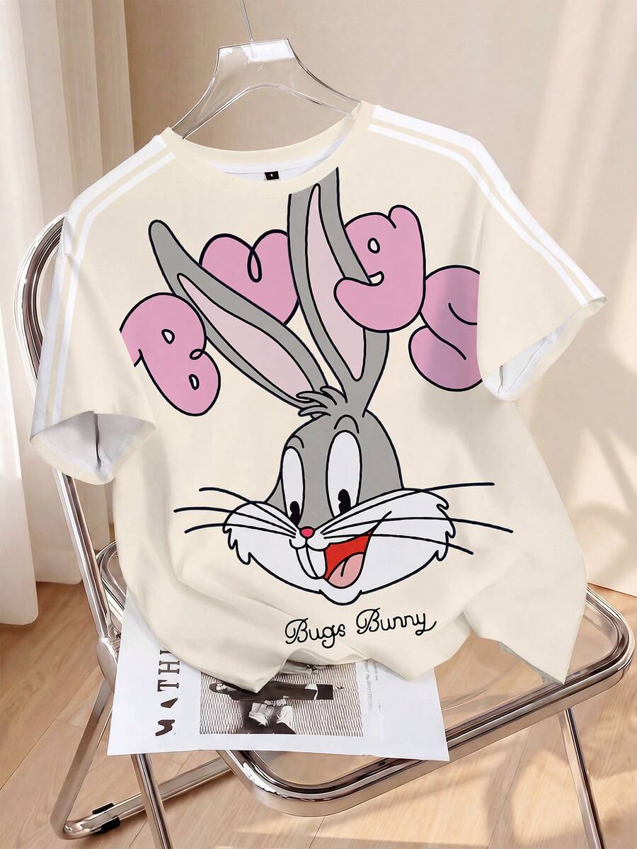 LOONEY TUNES X SHEIN 女款圓領卡通印花休閒街頭風可愛百搭日常夜店出遊T恤 彩虹 夏季 校園 米色 - 白色 - 查看 1
