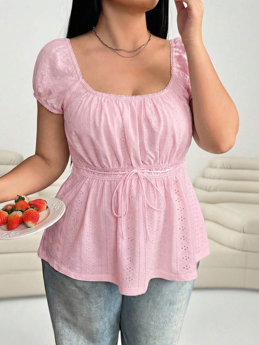 Solflare Camiseta de verano transparente con calado en talla grande color rosa claro - Rosa Pálido - Ver 1