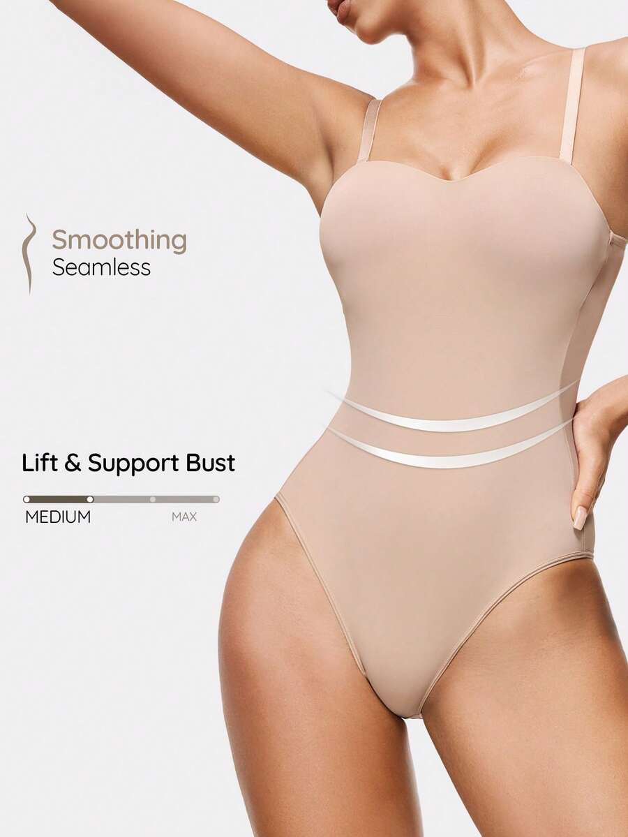 SHAPORA Women's Solid Color Camisole Bodysuit - Apricot - View 1