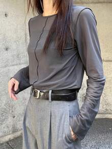 FRIFUL Women's Gray Round Neck Sheer Form-Fitting Layering Top Long Sleeve Women Tops - Dark Grey - View 4