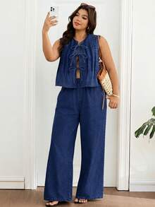 Lounesse Setelan Dua Potong Denim Kasual Wanita Ukuran Plus dengan Rompi dan Celana Bertali Depan - Dark Wash - View 7