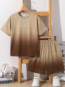 SHEIN 2pcs/Set Tween Boy Casual Minimalist Gradient English Print Short Sleeve Shirt And Shorts Set, Streetwear Preppy Style, Suitable For Spring And Summer - Khaki - View 3