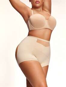 SHAPORA Plus Size Solid Color Open Back Mesh Patchwork Shapewear Bottom - Beige - View 5
