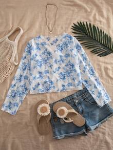 SHEIN Tween Girl Floral Pattern Ruffle Trim Long Sleeve V-Neck Bow Front Cardigan - Blue and White - View 5