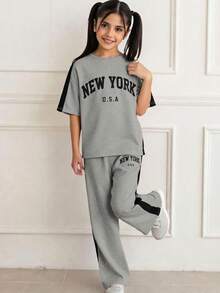 Conjunto de camiseta de cuello redondo holgada y cómoda con parches y pantalones de contraste de color para niñas preadolescentes - Multicolor - Ver 7