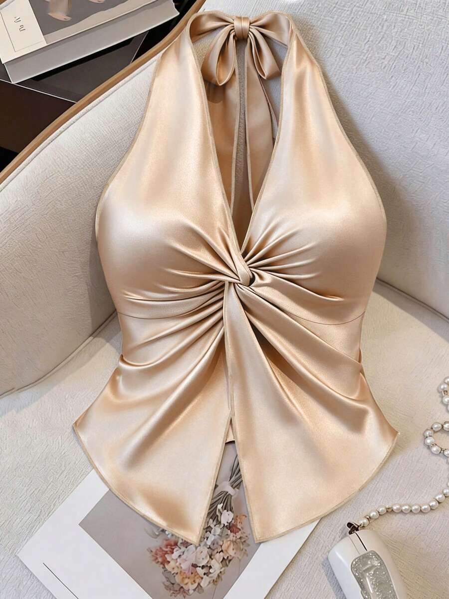 GlowEve 女士时尚吊带露背扭结不对称下摆开衩针织吊带衫,春夏款,弹力面料,适合派对、约会、晚宴、婚礼季、节日、日常休闲、通勤、度假等场合。 - 杏色 - 查看 1