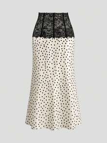 Modelyn Vintage Elegant Polka Dot Satin Skirt With Lace Waist Design, Soft Elegant Commuter Style - Apricot - View 4