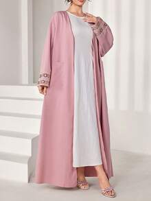 Al Najma Spring & Summer Pink Floral Embroidered Cuff Open Front Long Abaya, Outer Robe Suitable For Daily Home Wear, Prayer And Outdoor Outing - Pink - View 7