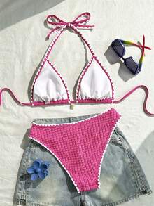 Swim Vcay 女款兩件式泳衣套裝，特殊面料，掛脖繫帶，露背，貝殼設計，夏季度假海灘 - 彩色 - 查看 2