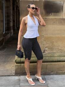 hollyjadebate Women Casual Capris Polka Dot Print Slim Fit Shorts,Going Out,Back To School, Summer - Black and White - View 2