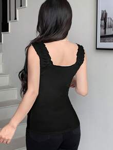 Modelyn 女款個性化扶桑花與骷髏圖案背心，寬肩帶設計，夏季時尚蝴蝶結裝飾，修身收腰緊身，黑色萬聖節 - 彩色 - 查看 2
