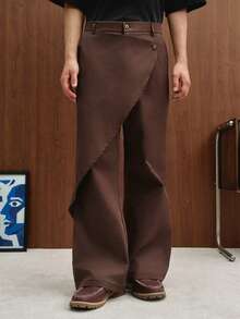 TOKVUE Pantalones largos casuales de unicolor con diseño asimétrico y bolsillos laterales para hombre - Café integral - Ver 5