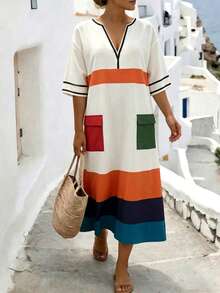 Linhara CURVE Women's Plus Size Multi-Color Contrast Patchwork Print Faux Linen V-Neck Short Sleeve Pocketed Loose Casual Business Versatile Beach Vacation Dress - Multicolor - View 3