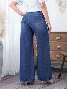 EMERY ROSE Cowgirl Plus Size Women's Spring Blue Non-Stretch Loose Wide Leg Jeans , Spring For Women - Medium Wash - View 2