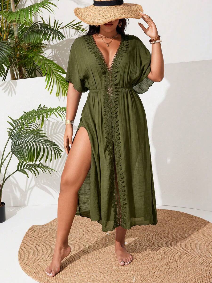 Swim Vcay Plus Size Women's One-Piece Side Slit Lace Patchwork Sexy Casual Vacation Beach Dress - Army Green - View 1