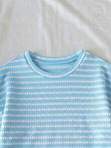 SHEIN Tween Girl Casual Daily Versatile Comfortable Pink Striped Short Sleeve T-Shirt And Shorts Tween Girl - Blue - View 5